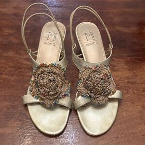 Marinelli Gold Beaded Crochet Flower Slingback Sandals
